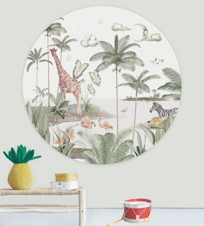 Smiling Jungle Moon Circle Room Mural - Green