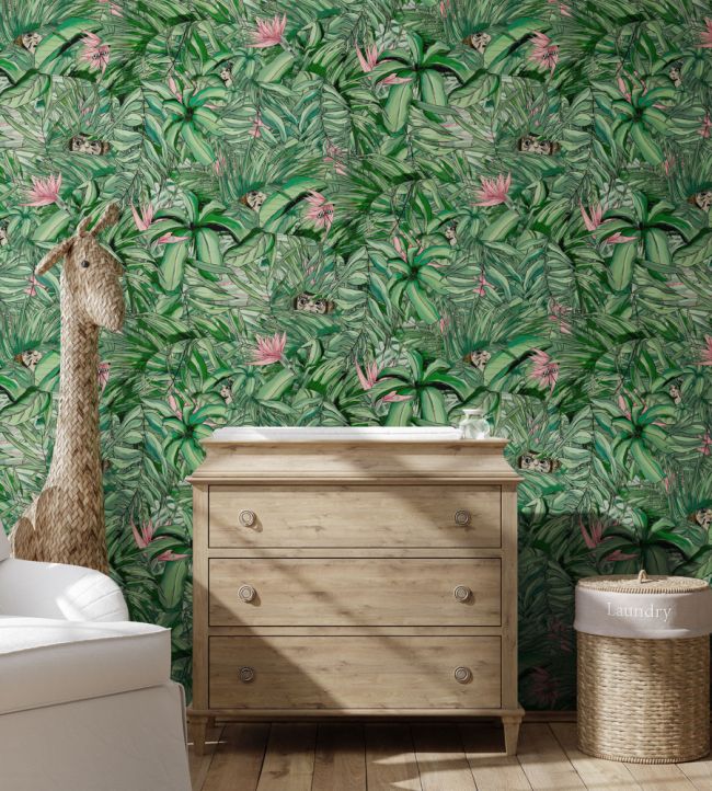 BMTD001-09A - Monkey Forest Wallpaper - Dark Green & Pink - Brand McKenzie