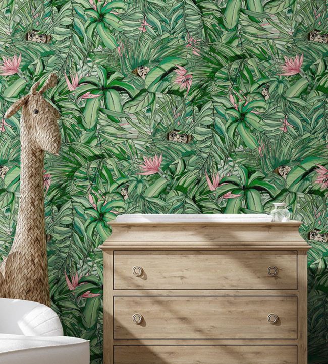 BMTD001-09A - Monkey Forest Wallpaper - Dark Green & Pink - Brand McKenzie