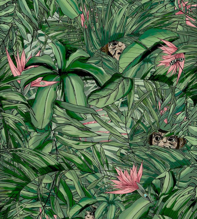 BMTD001-09A - Monkey Forest Wallpaper - Dark Green & Pink - Brand McKenzie