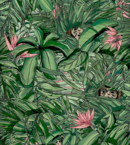 BMTD001-09A - Monkey Forest Wallpaper - Dark Green & Pink - Brand McKenzie