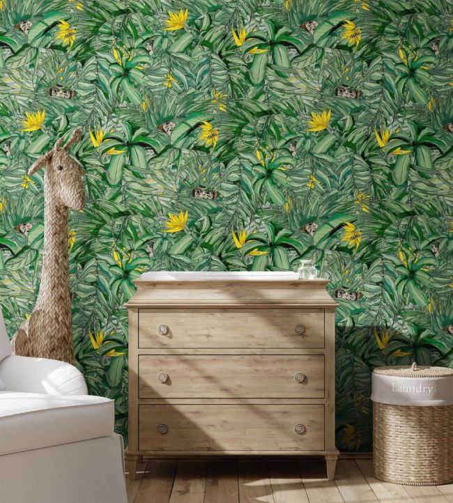BMTD001-09B - Monkey Forest Wallpaper - Dark Green & Yellow - Brand McKenzie