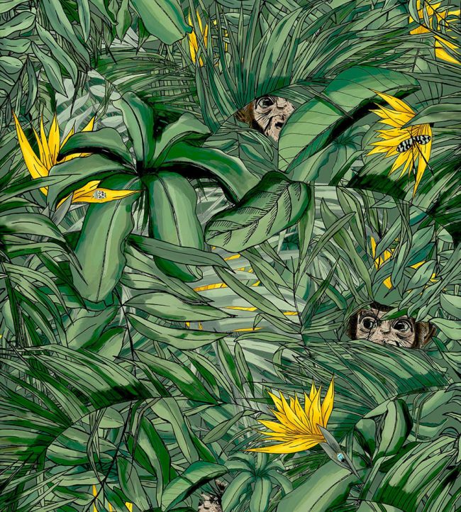 BMTD001-09B - Monkey Forest Wallpaper - Dark Green & Yellow - Brand McKenzie