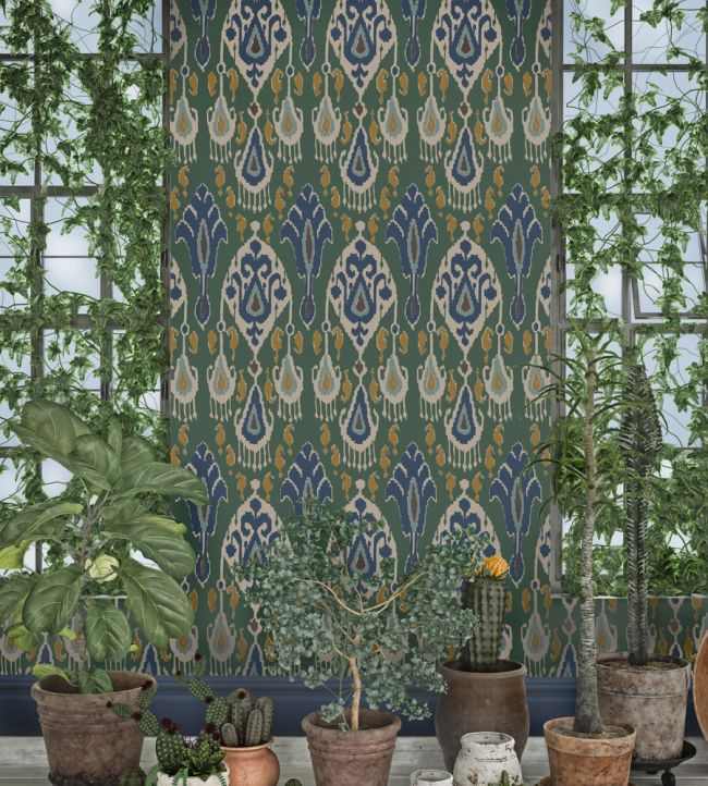 Ikat Bokhara Room Wallpaper - Green