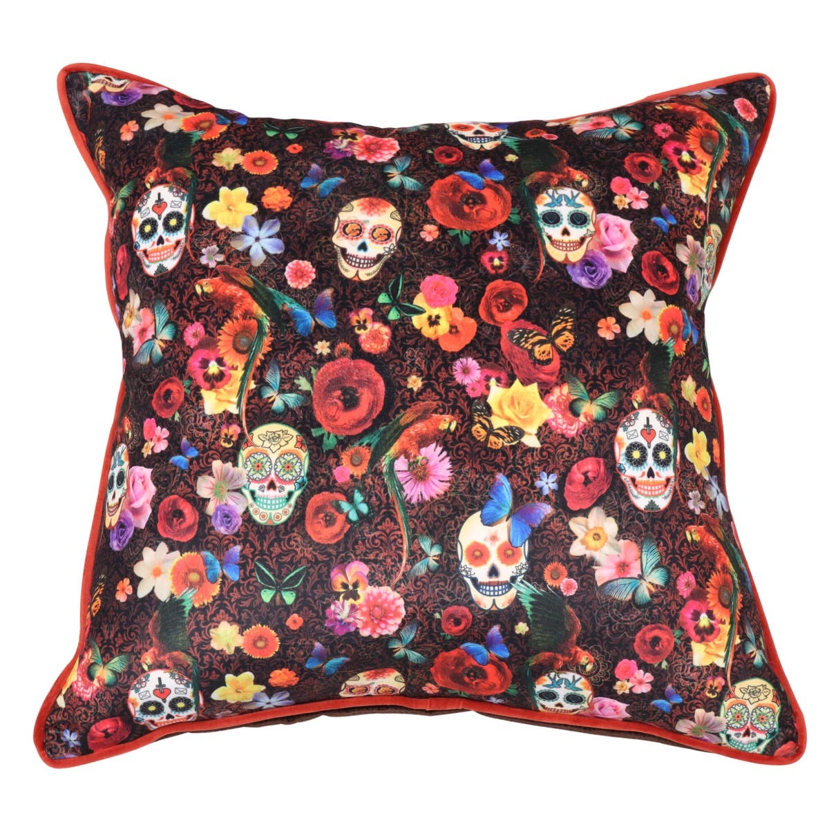 Skull Floral Velvet Cushion - Brown