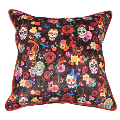 Skull Floral Velvet Cushion - Brown