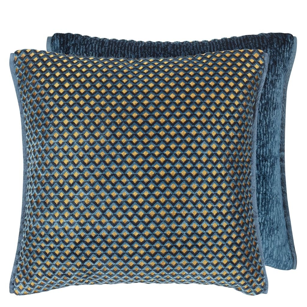 Portland Delft Velvet Cushion - Blue