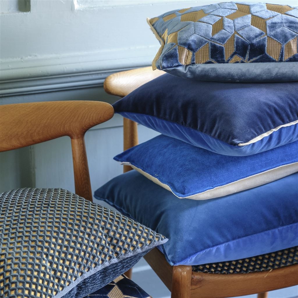 Portland Delft Room Velvet Cushion 3 - Blue