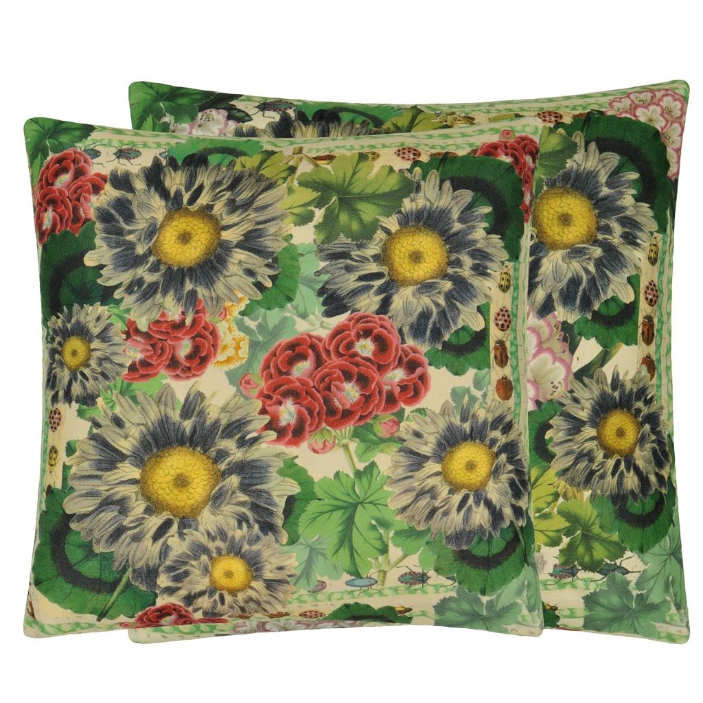 Blue Daisies Sepia Cushion - Green