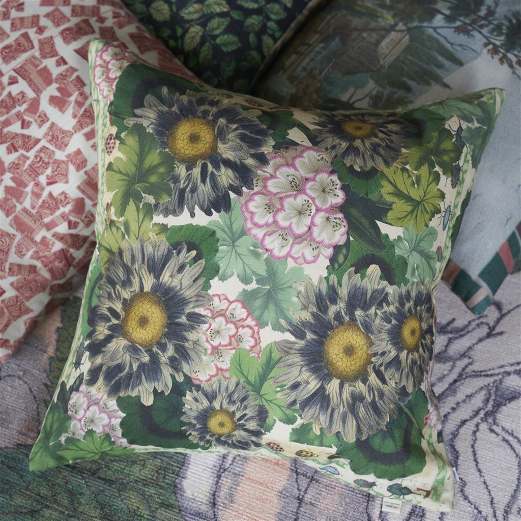 Blue Daisies Sepia Room Cushion 4 - Green