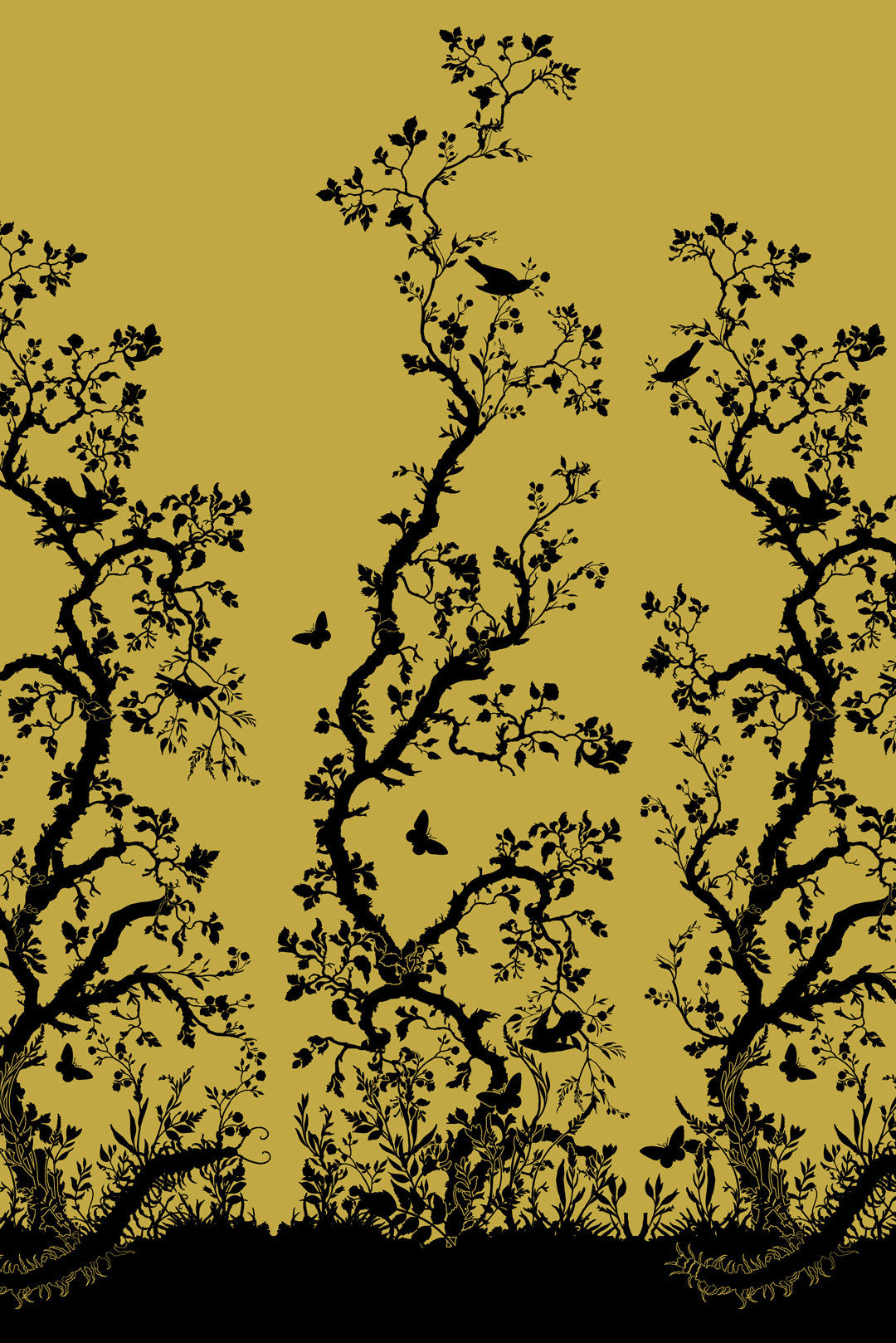 Birdbranch Hand Printed Room Wallpaper Panel - Black