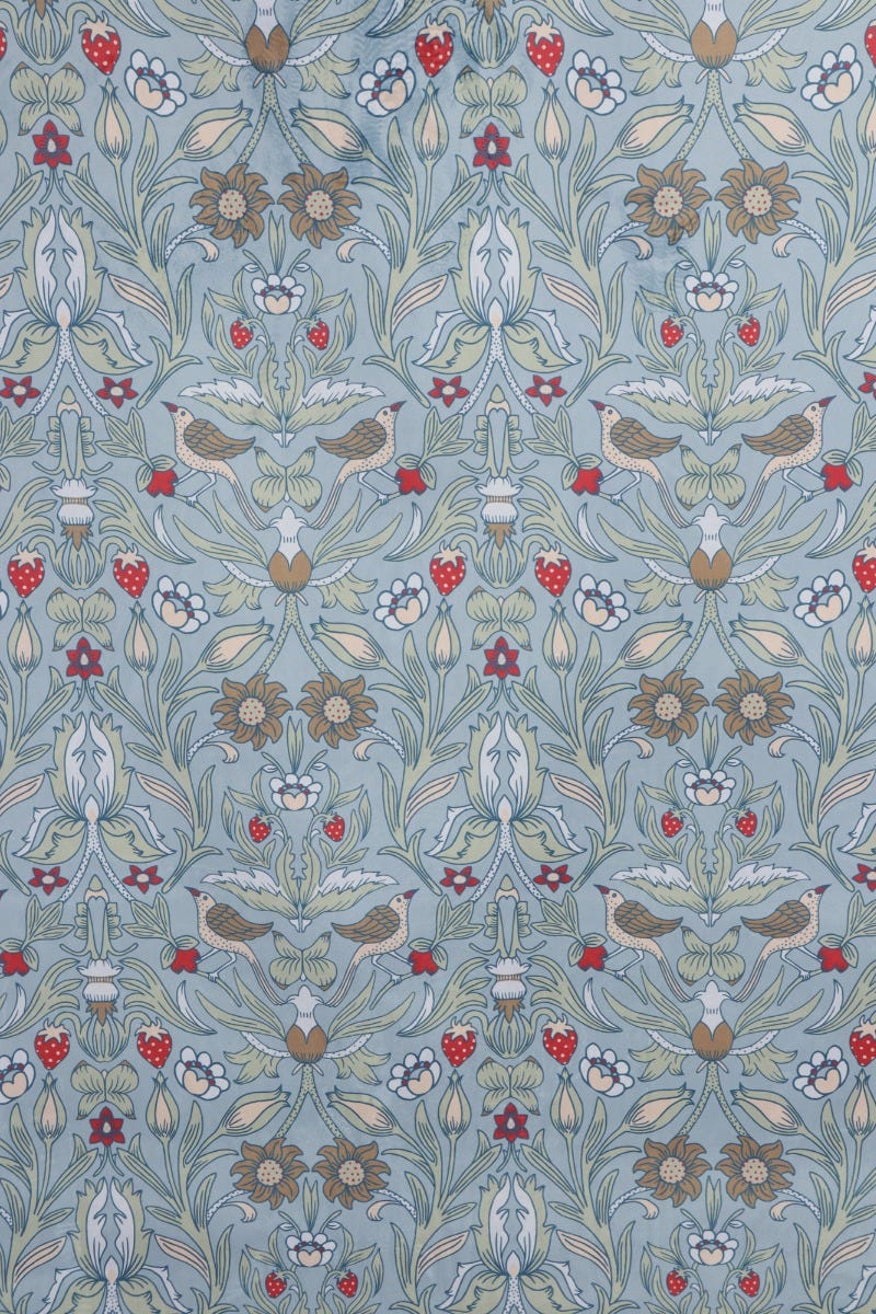 Strawberry Bird Velvet Duck Egg Blue Fabric
