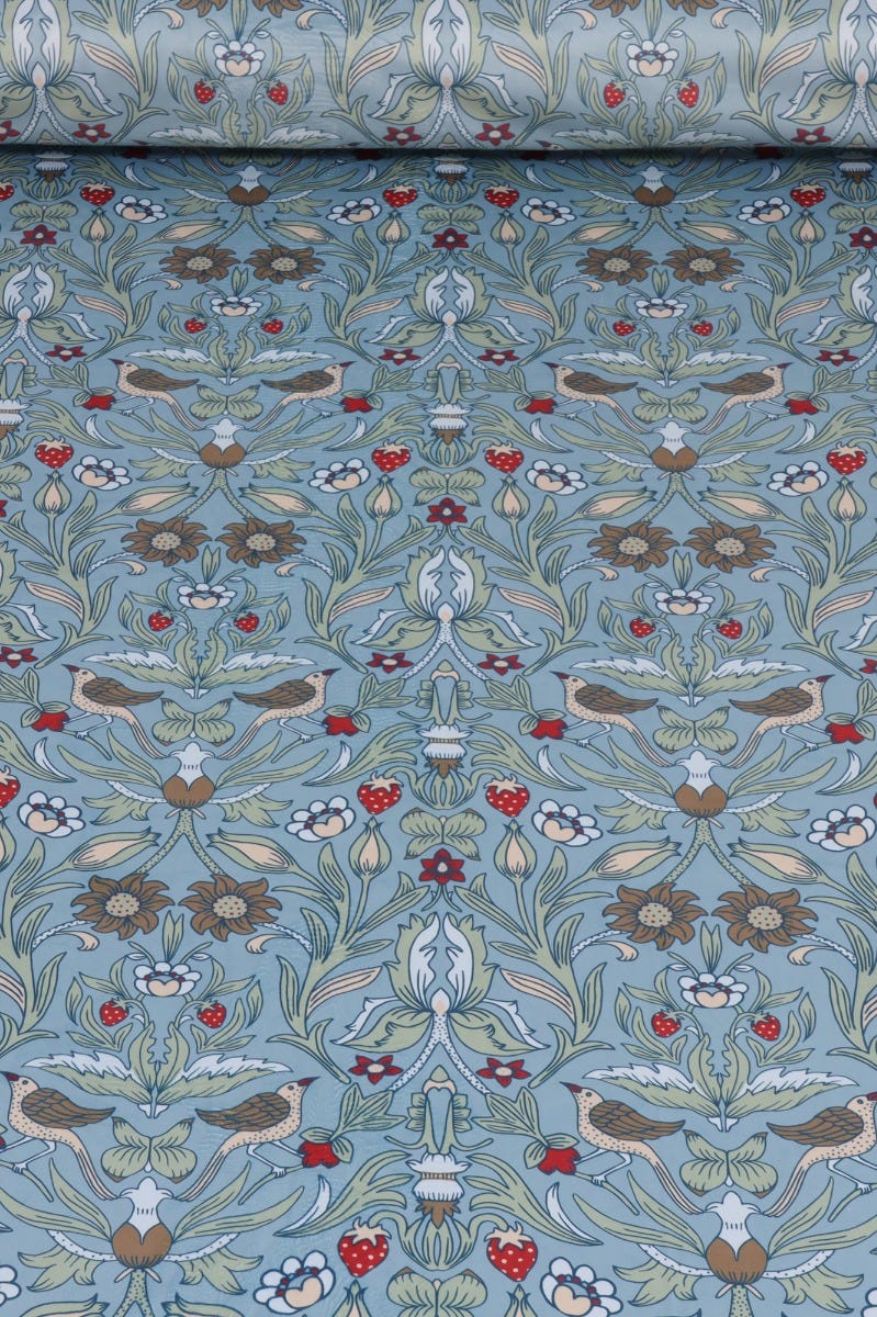 Strawberry Bird Velvet Duck Egg Blue Fabric