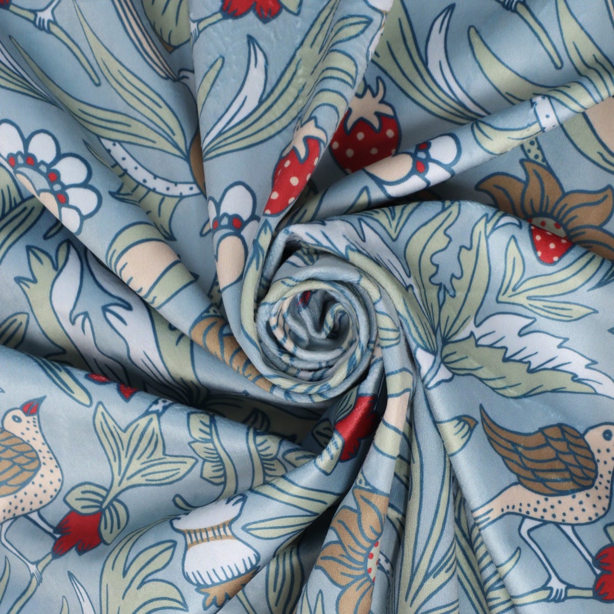 Strawberry Bird Velvet Duck Egg Blue Fabric