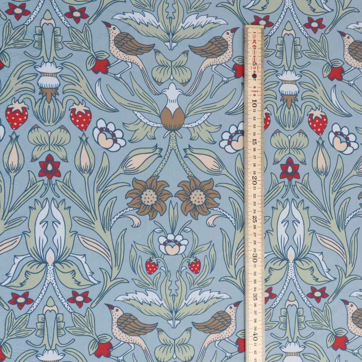 Strawberry Bird Velvet Duck Egg Blue Fabric