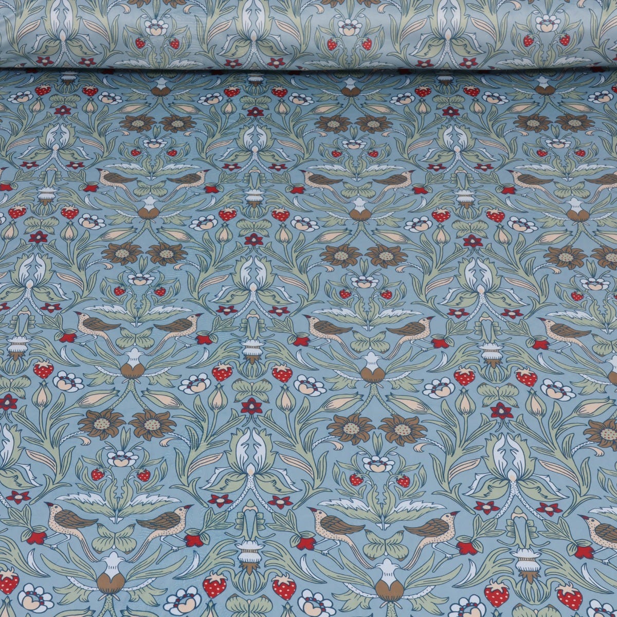 Strawberry Bird Velvet Duck Egg Blue Fabric