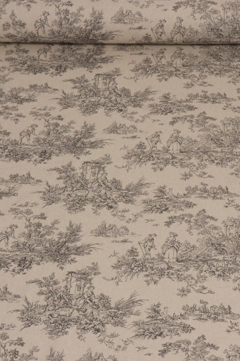Marie Toile de Jouy Black on Linen Fabric