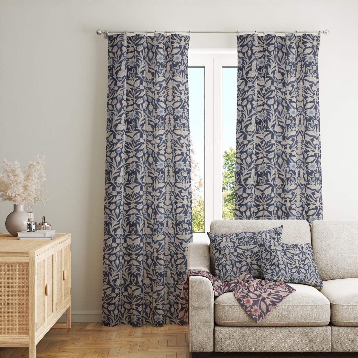 Strawberry Bird Cotton Indigo Room Fabric