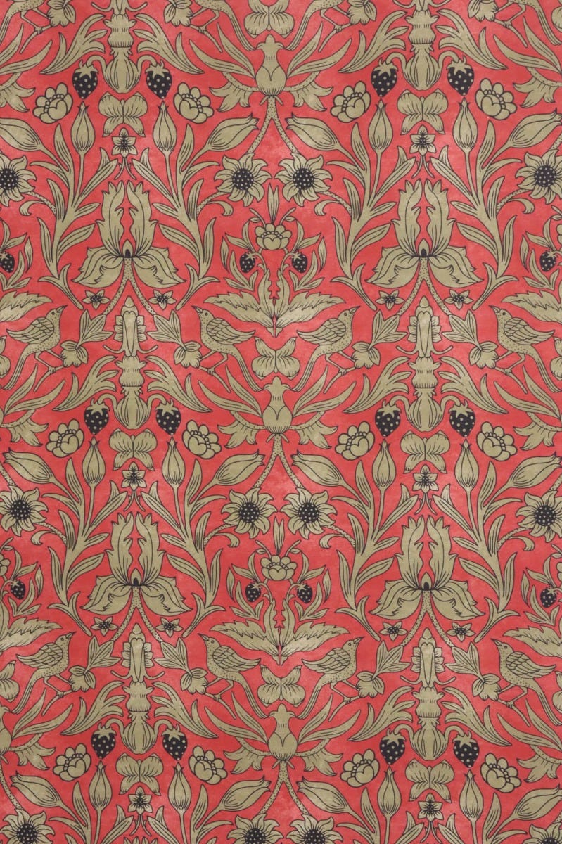 Strawberry Bird Cotton Red / Gold Fabric