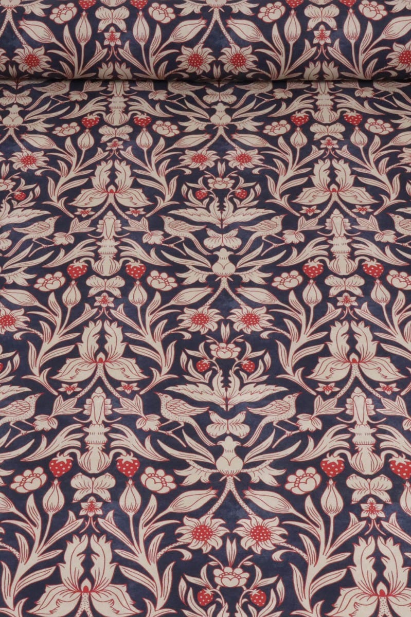 Strawberry Bird Cotton Navy / Red Fabric