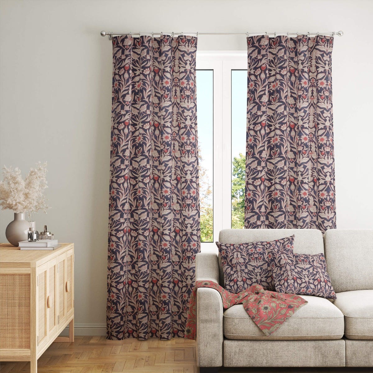 Strawberry Bird Cotton Navy / Red Room Fabric