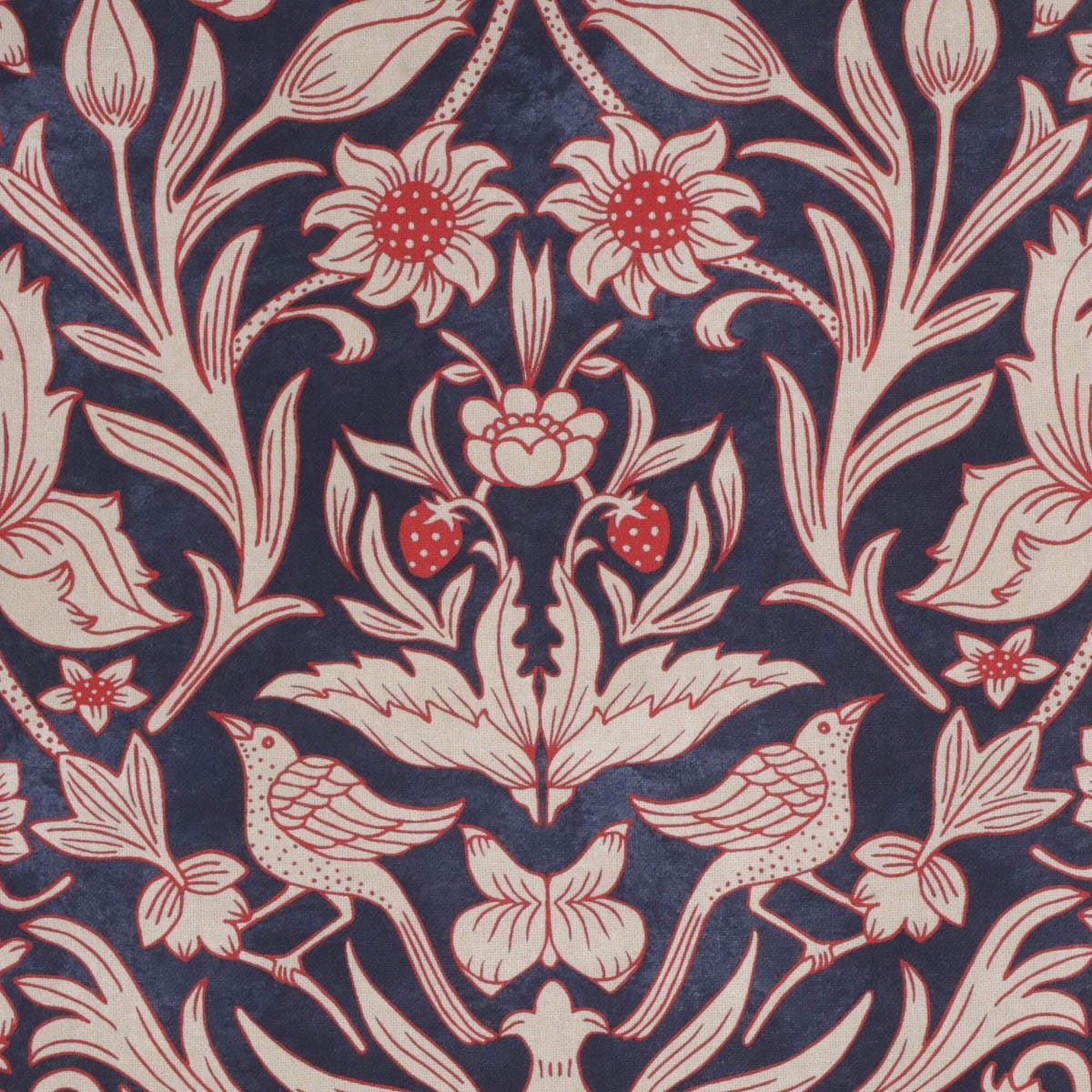 Strawberry Bird Cotton Navy / Red Fabric
