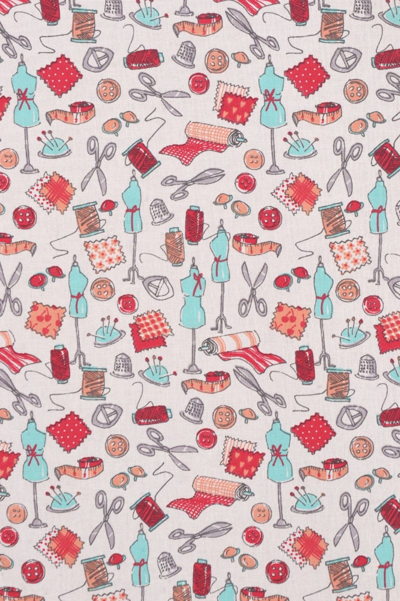 Haberdashery Room Mint / Red Fabric