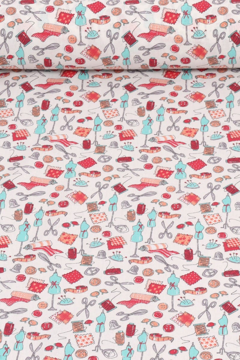 Haberdashery Room Mint / Red Fabric
