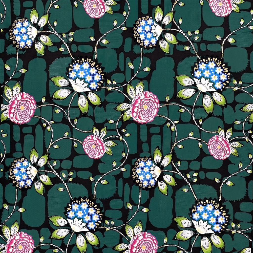 Les Rosales Bleu Paon Fabric - Green
