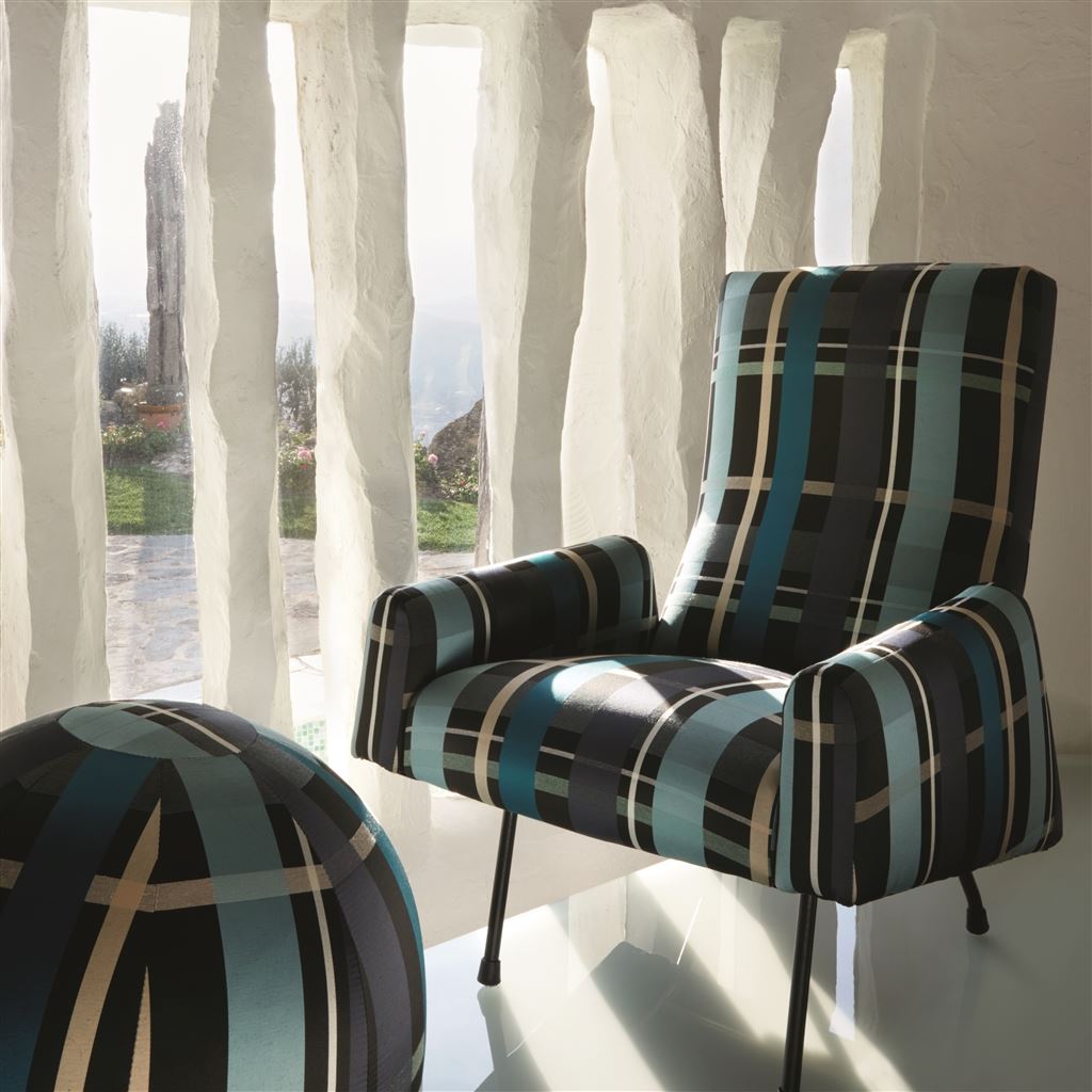 L Entrelac Bleu Paon Room Fabric - Blue