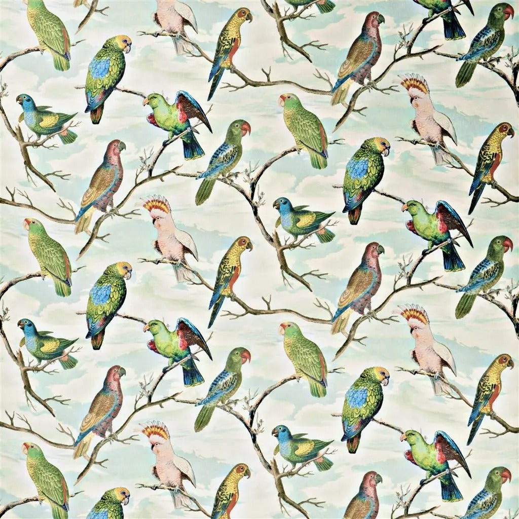 Parrot Aviary Sky Blue Fabric - Green
