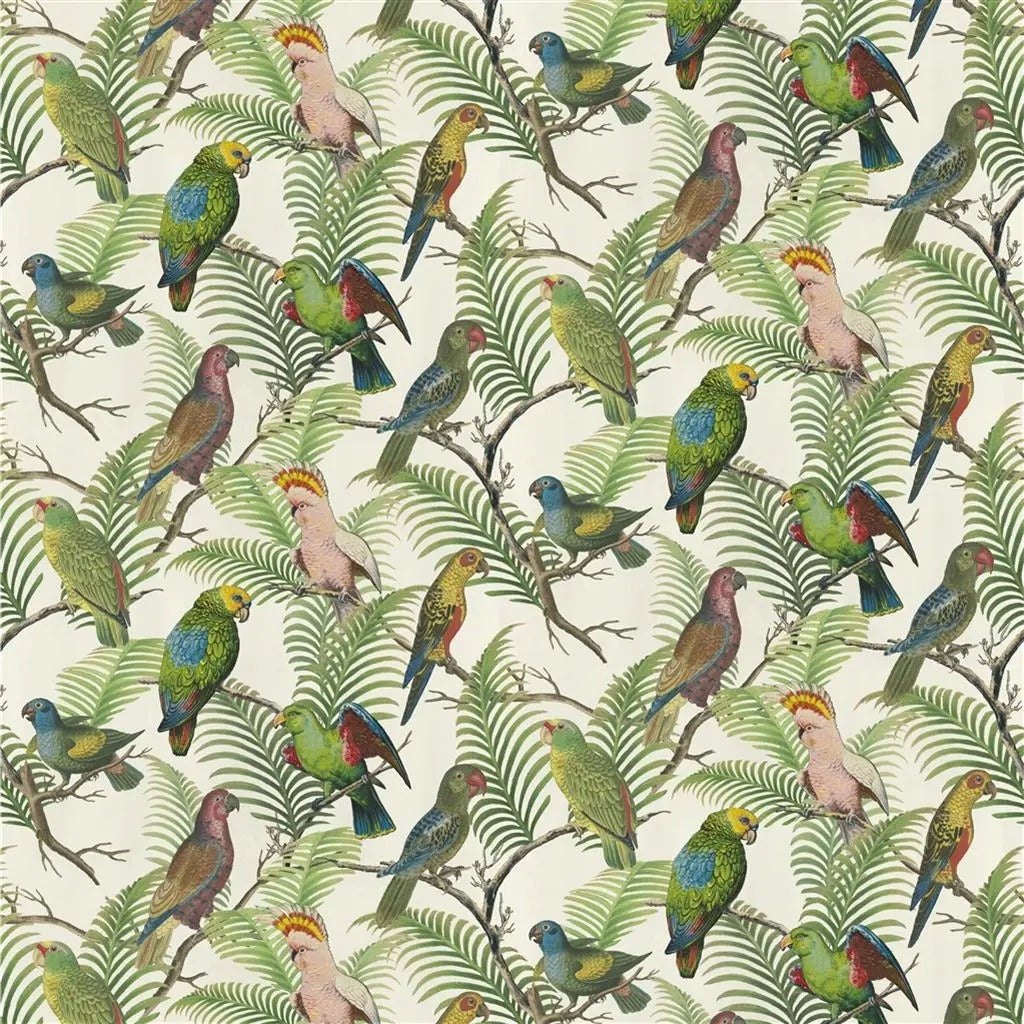 Parrot And Palm Azure Fabric - Green