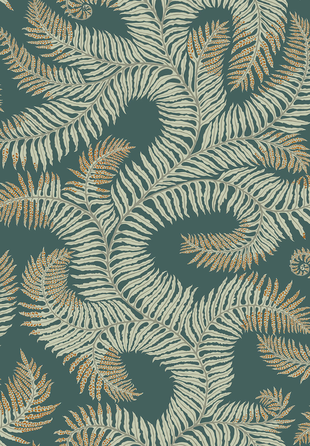 Bombe’s Fernery Wallpaper | Teal and Orange Highlights