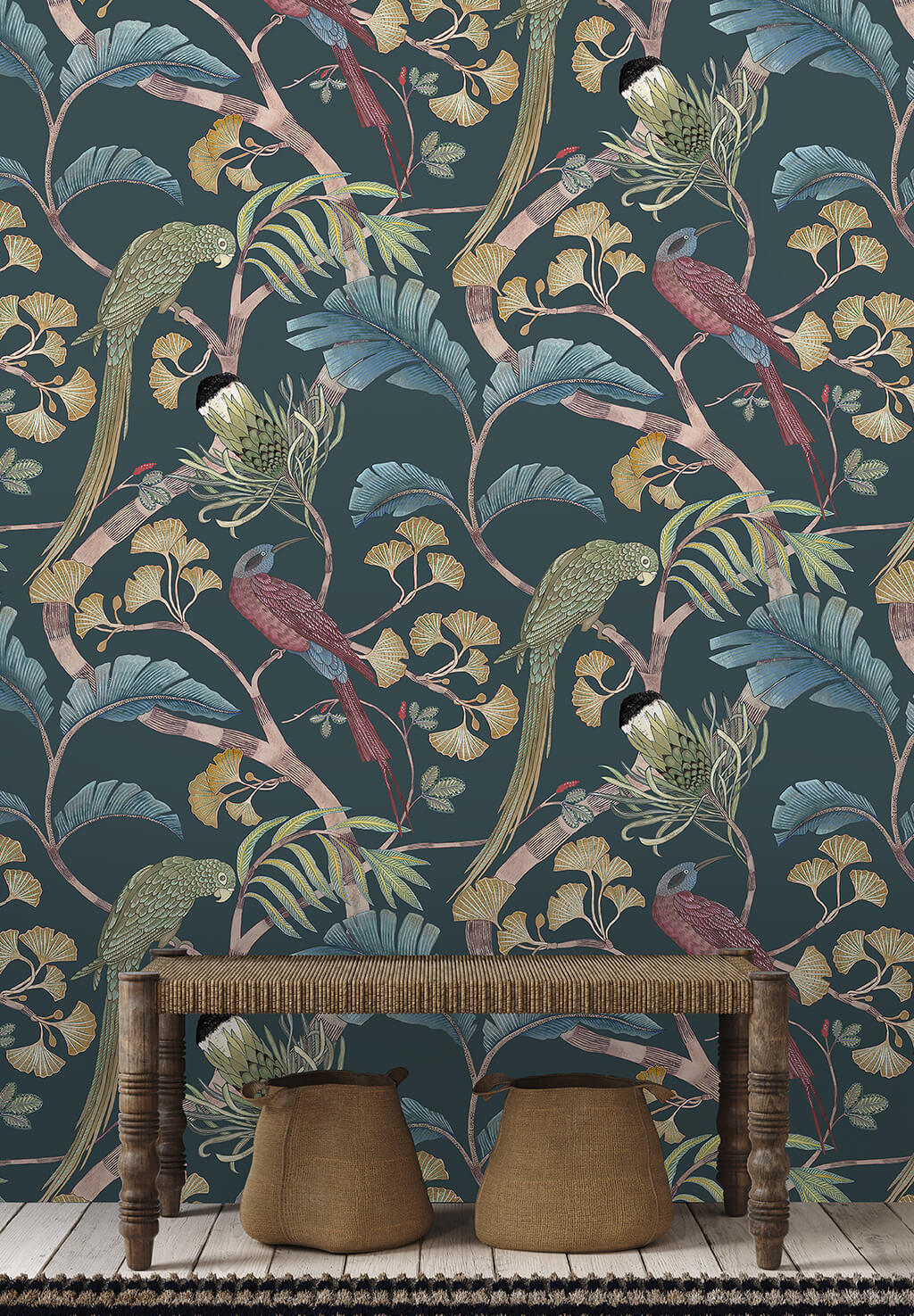 Living Branches Room Wallpaper | Dark Teal, Yellow and Olive