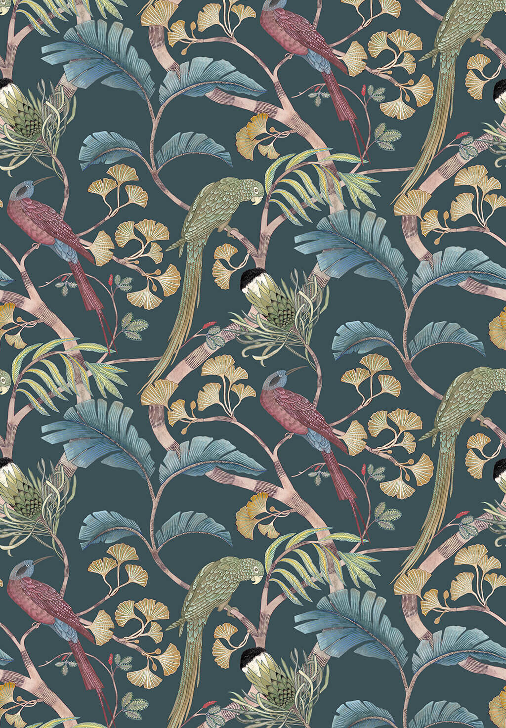Living Branches Wallpaper | Dark Teal, Yellow and Olive