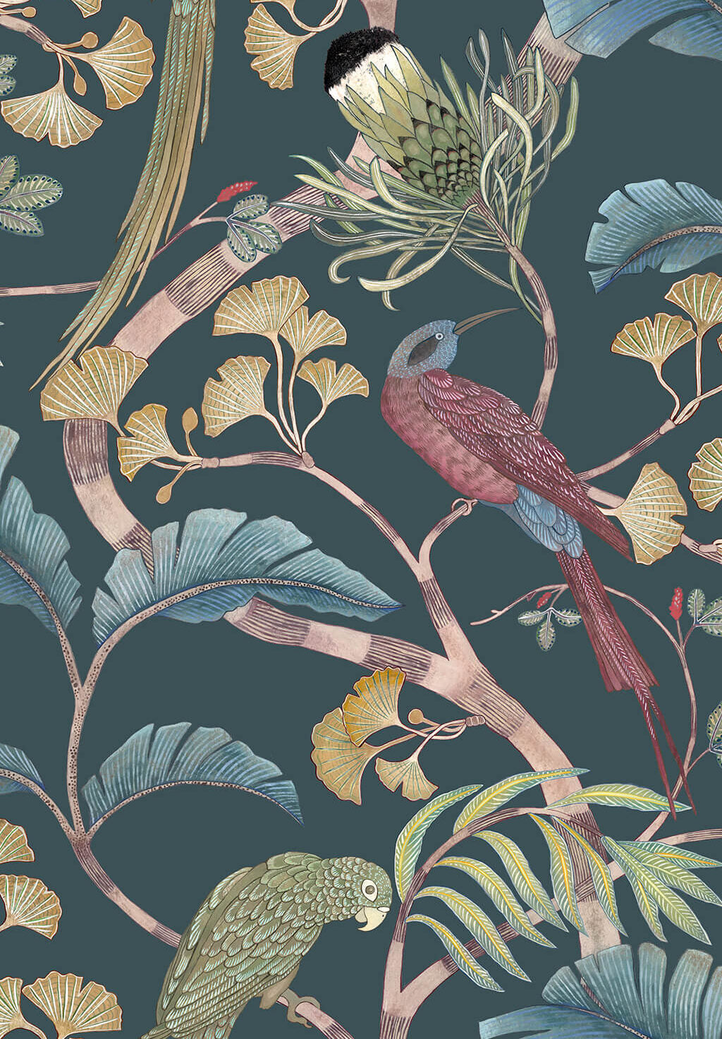 Living Branches Wallpaper | Dark Teal, Yellow and Olive