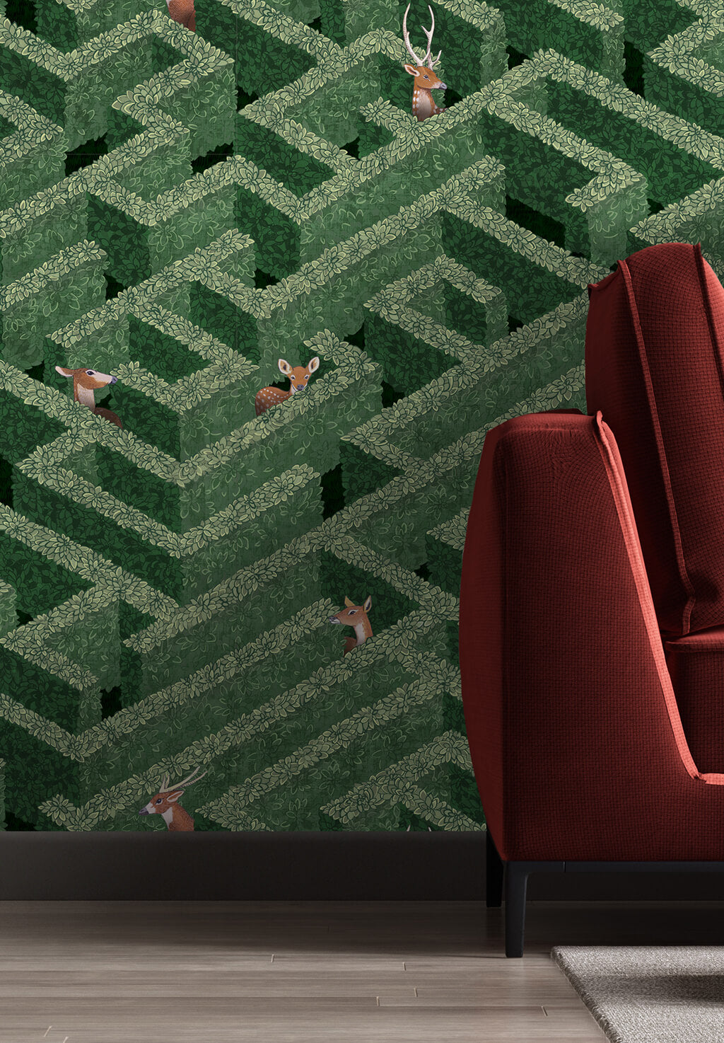 Labyrinth with Deer Room Wallpaper - Green