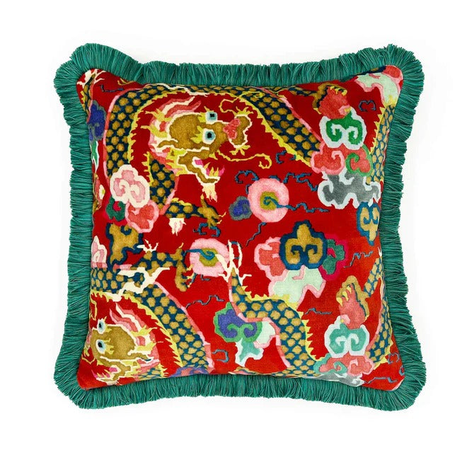 Double Dragon Lacquer Red Velvet Cushion