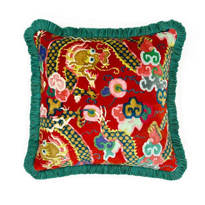 Double Dragon Lacquer Red Velvet Cushion