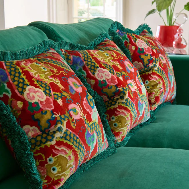 Double Dragon Lacquer Red Velvet Room Cushion