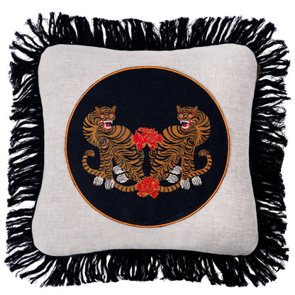 BENGAL TIGERS Linen Embroidered Cushion - Blue