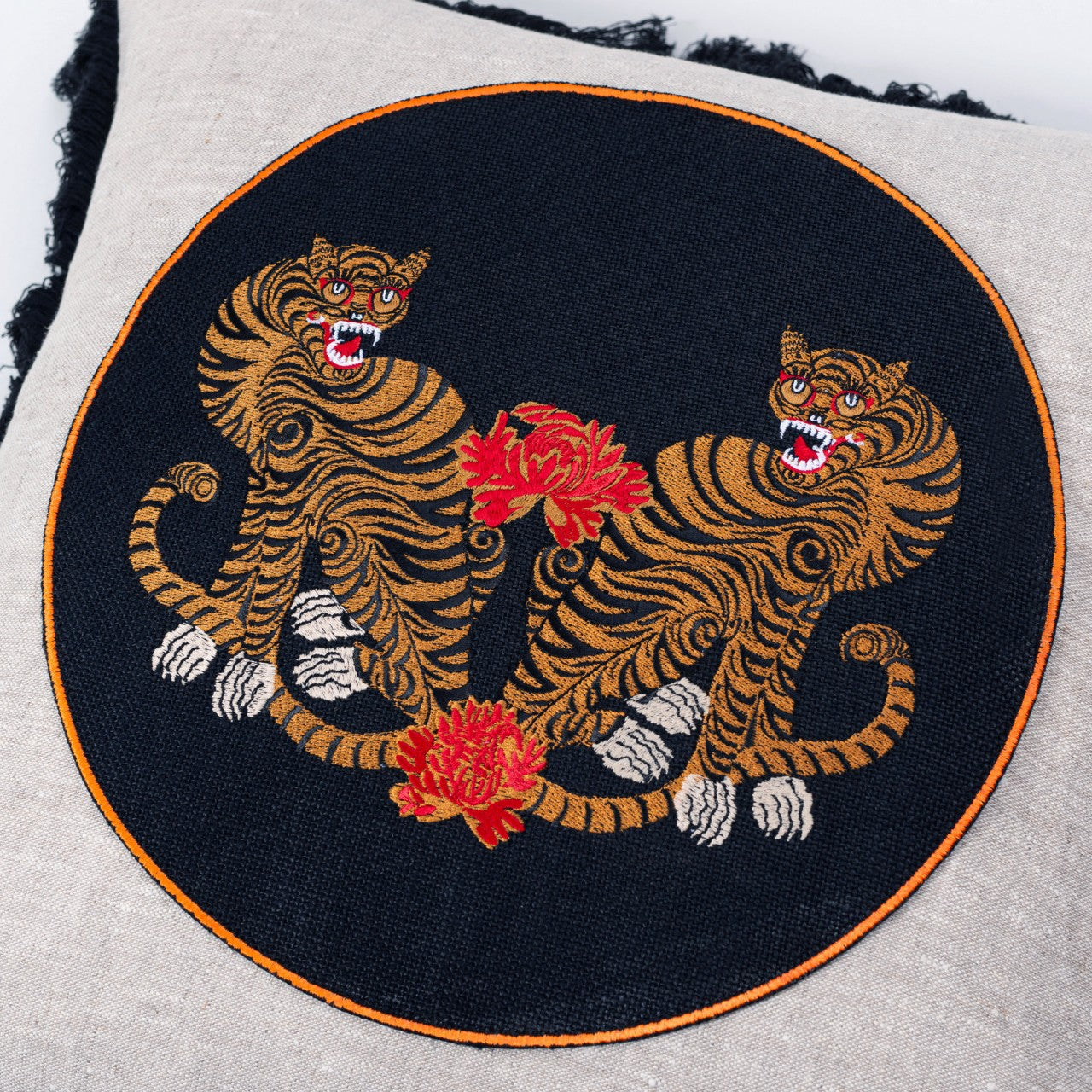 BENGAL TIGERS Linen Embroidered Room Cushion 3 - Blue