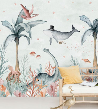 Flying Whale Room Mural - Blue