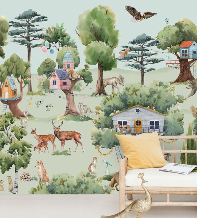 Treehouse In The Forest Nursery Room Mural - Green