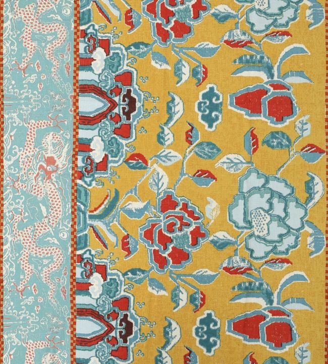 Dragon And Peony Fabric - Yellow 