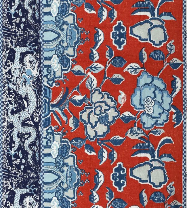 Dragon And Peony Fabric - Red 