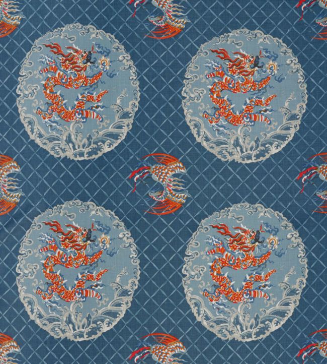 Phoenix And Dragon Fabric - Blue 