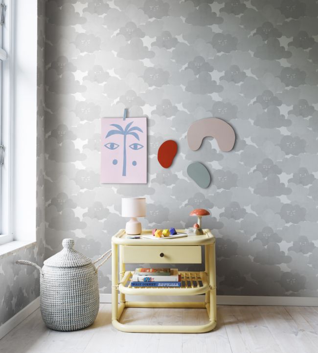 Happy Clouds Nursey Room Wallpaper - Gray