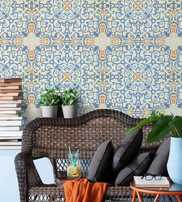 Spanish Tile Room Wallpaper - Blue