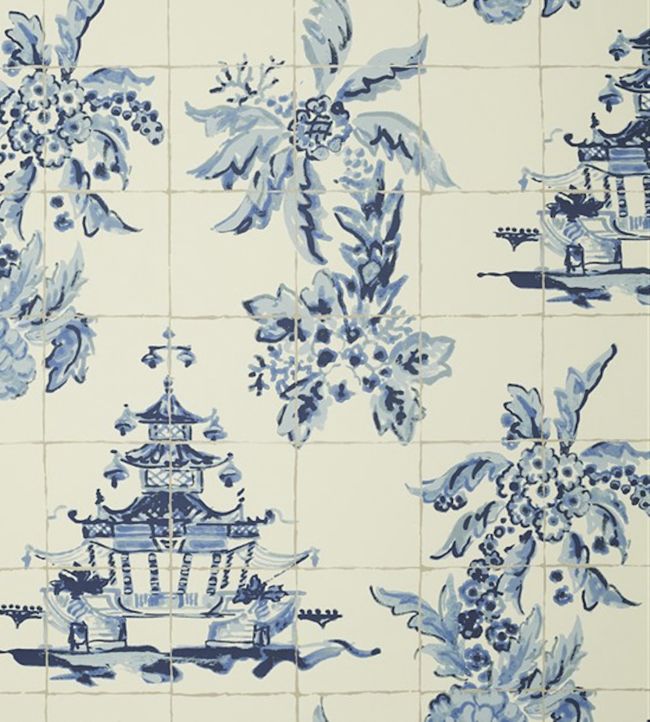 Pagoda And Palms Wallpaper - Blue 
